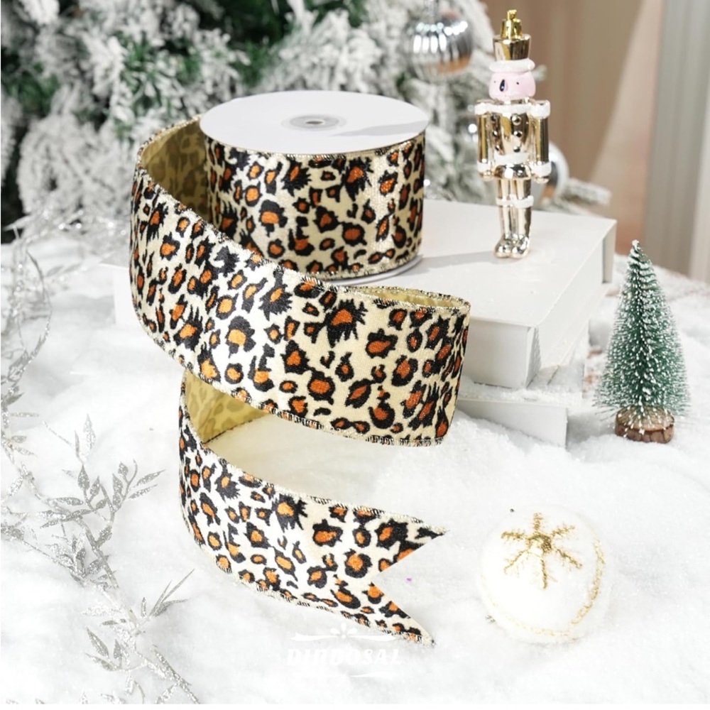 Leopard Cheetah Print Velvet Texture Ribbon With Gold Trim 3 New Spools 30 Yards